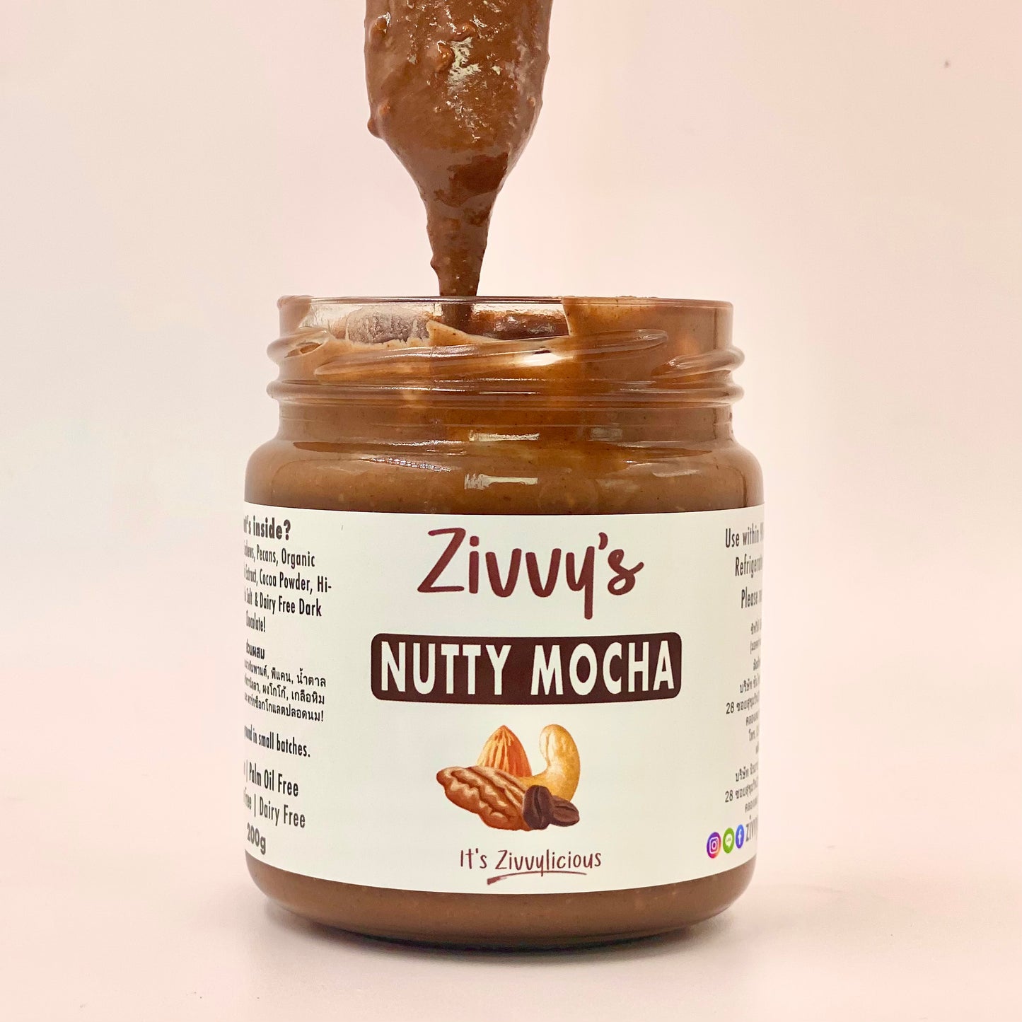 ถั่วมอคค่าผสมอัลมอนด์ มะม่วงหิมพานต์ พีแคน โกโก้ ดาร์กช็อกโกแลต และกาแฟออร์แกนิก | Zivvy's