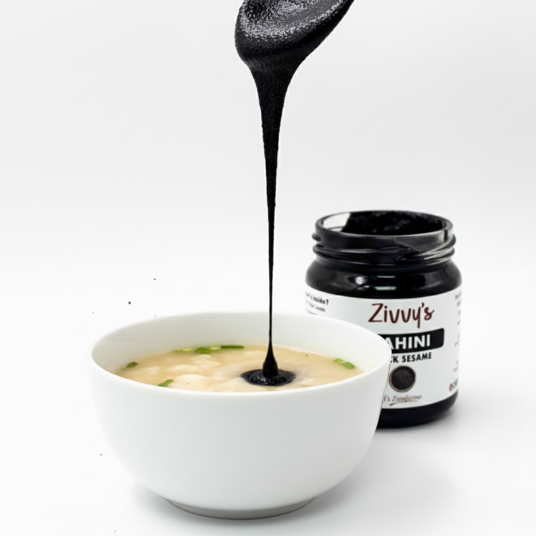 ทาฮินี - งาดำ - รสชาติเข้มข้นและหอมกลิ่นถั่ว บดด้วยหิน บริสุทธิ์และมีกลิ่นดิน | Zivvy's