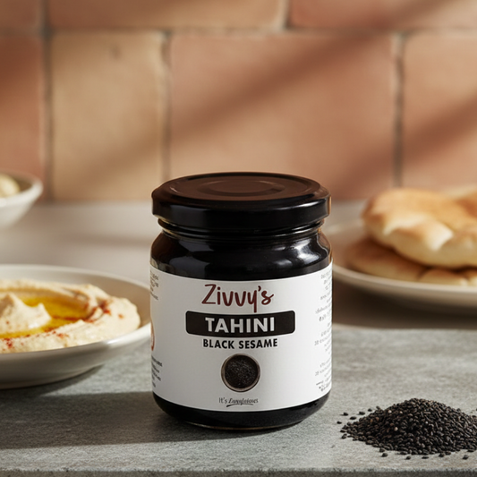ทาฮินี - งาดำ - รสชาติเข้มข้นและหอมกลิ่นถั่ว บดด้วยหิน บริสุทธิ์และมีกลิ่นดิน | Zivvy's