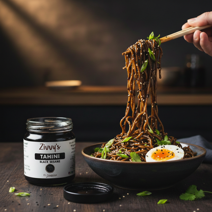 ทาฮินี - งาดำ - รสชาติเข้มข้นและหอมกลิ่นถั่ว บดด้วยหิน บริสุทธิ์และมีกลิ่นดิน | Zivvy's