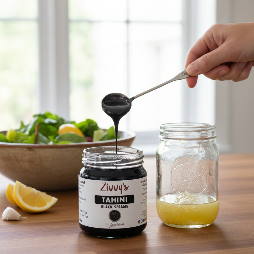 ทาฮินี - งาดำ - รสชาติเข้มข้นและหอมกลิ่นถั่ว บดด้วยหิน บริสุทธิ์และมีกลิ่นดิน | Zivvy's