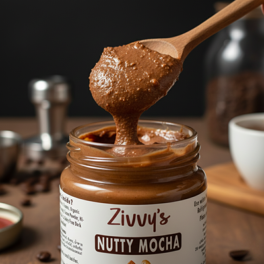 ถั่วมอคค่าผสมอัลมอนด์ มะม่วงหิมพานต์ พีแคน โกโก้ ดาร์กช็อกโกแลต และกาแฟออร์แกนิก | Zivvy's