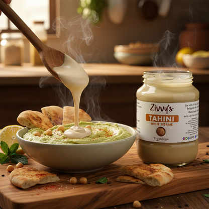 ทาฮินี - งาขาว | 100% บริสุทธิ์จากหินบดเพื่อรสชาติที่เข้มข้นและความหลากหลาย | Zivvy's