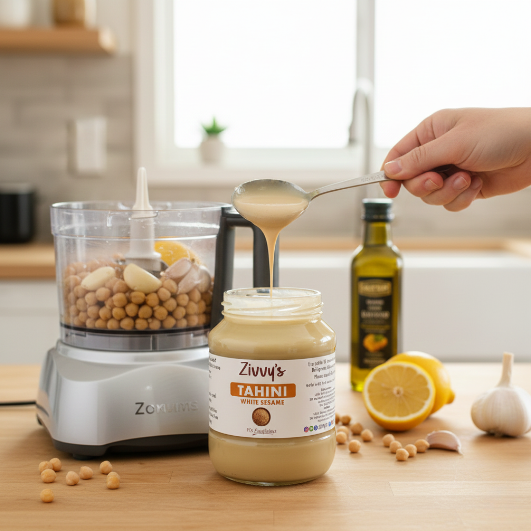 ทาฮินี - งาขาว | 100% บริสุทธิ์จากหินบดเพื่อรสชาติที่เข้มข้นและความหลากหลาย | Zivvy's