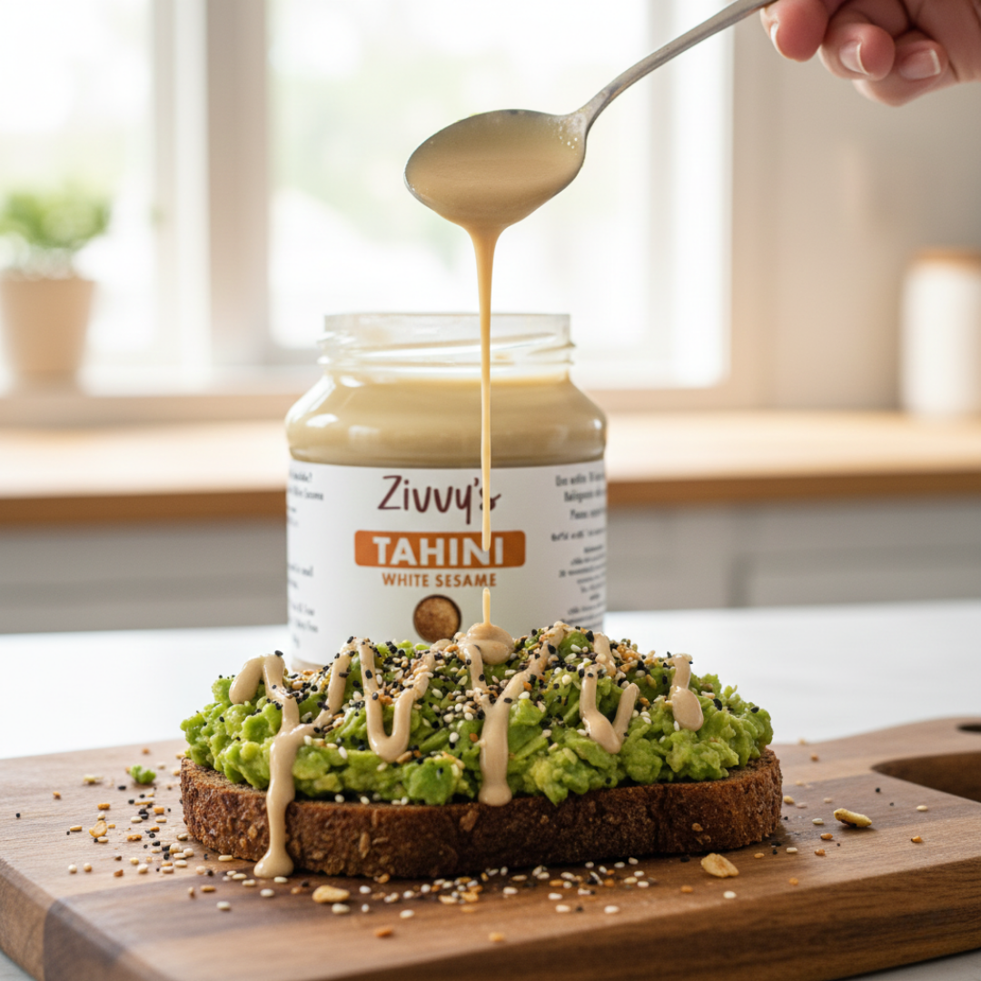 ทาฮินี - งาขาว | 100% บริสุทธิ์จากหินบดเพื่อรสชาติที่เข้มข้นและความหลากหลาย | Zivvy's
